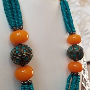 Vibrant Orange and Blue Beaded Necklace